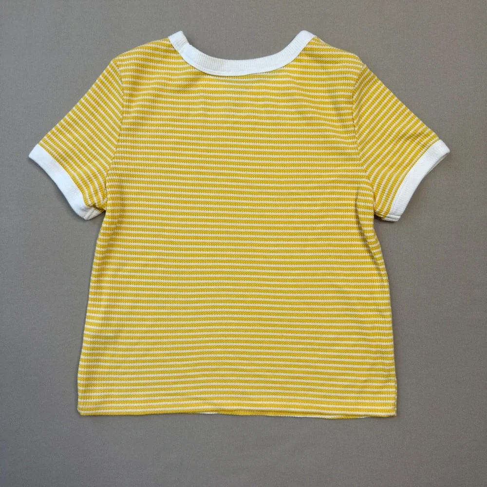 Hollister Slim Tee Yellow White Striped Waffle Knit Ringer T-Shirt Large